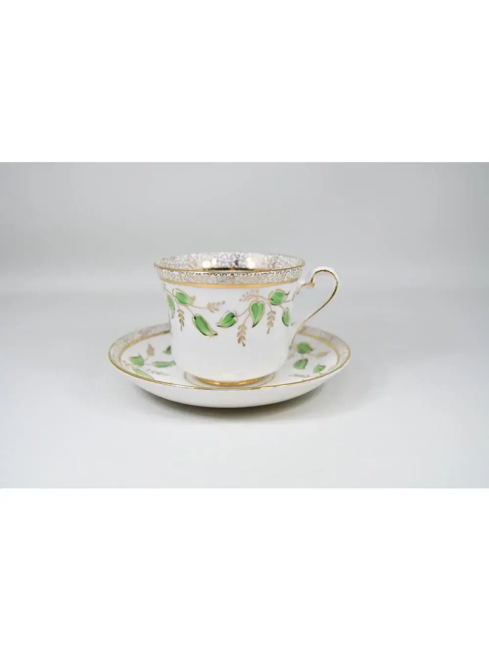 Phoenix Bone China Teacup & Saucer Gold Green Leaf Floral Vintage 1940s England